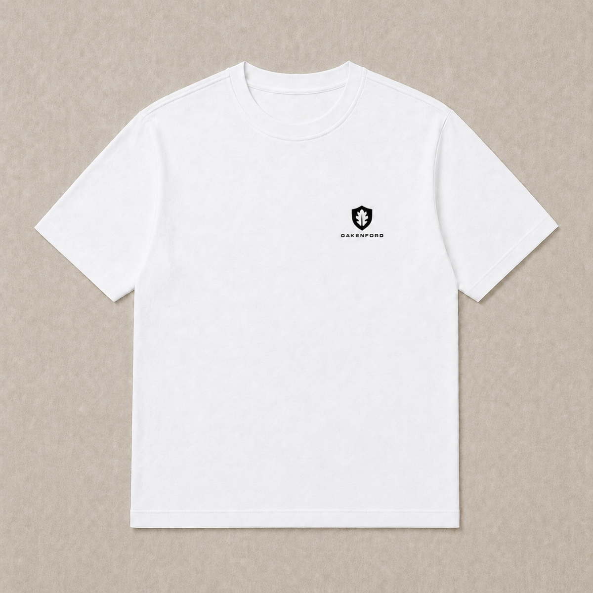 Front of a white Oakenford T-shirt with small logo