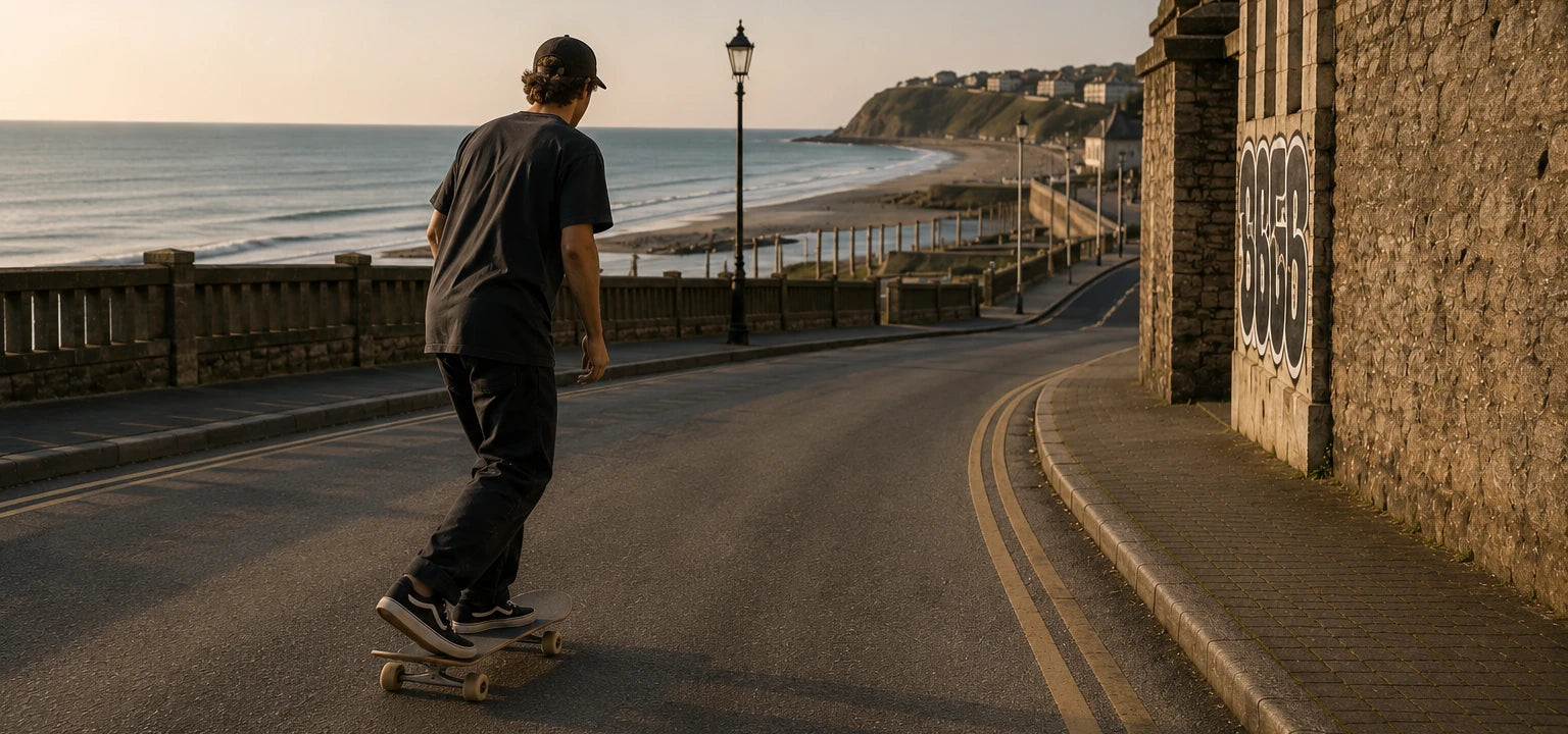 Skateboarder rolling along a British coastal road